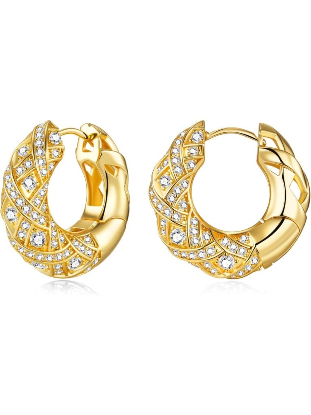Chunky Twisted Open Hoop Earrings, 18K Gold Plated, CZ Studs, Vintage Bohemian